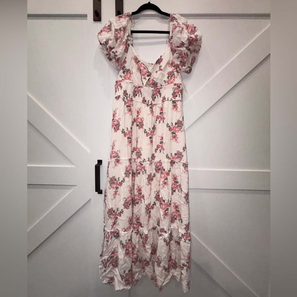 Altar'd State White Maxi Dress with Pink Rose Floral Print